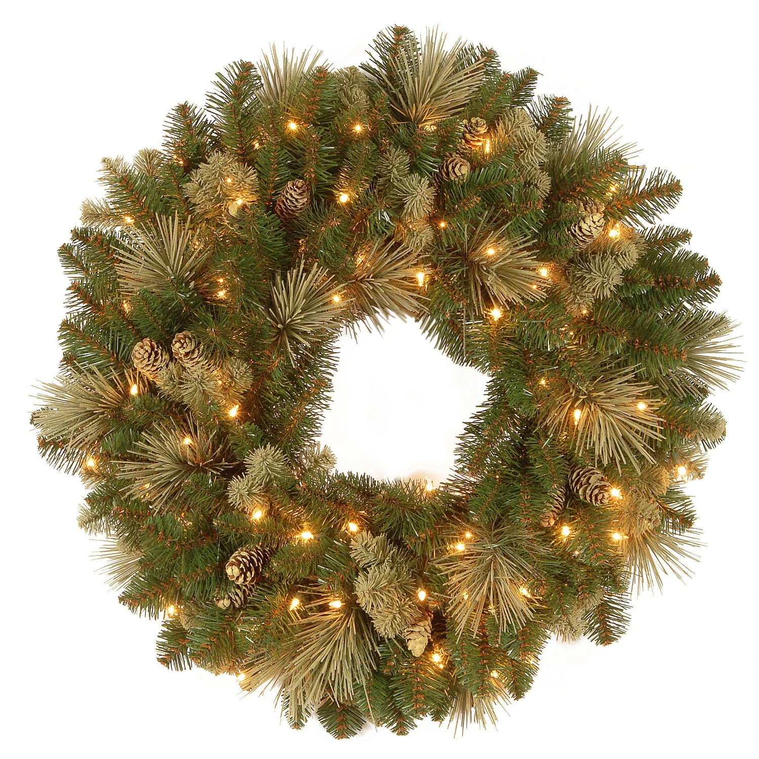 National Tree Company Pre-Lit Artificial Christmas Wreath, Green, Carolina Pine, White Lights, Decorated With Pine Cones, Christmas Collection, 24 Inches