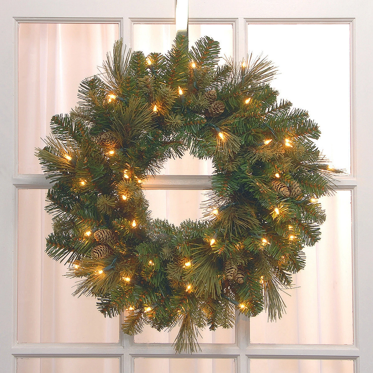 National Tree Company Pre-Lit Artificial Christmas Wreath, Green, Carolina Pine, White Lights, Decorated With Pine Cones, Christmas Collection, 24 Inches - Image 2