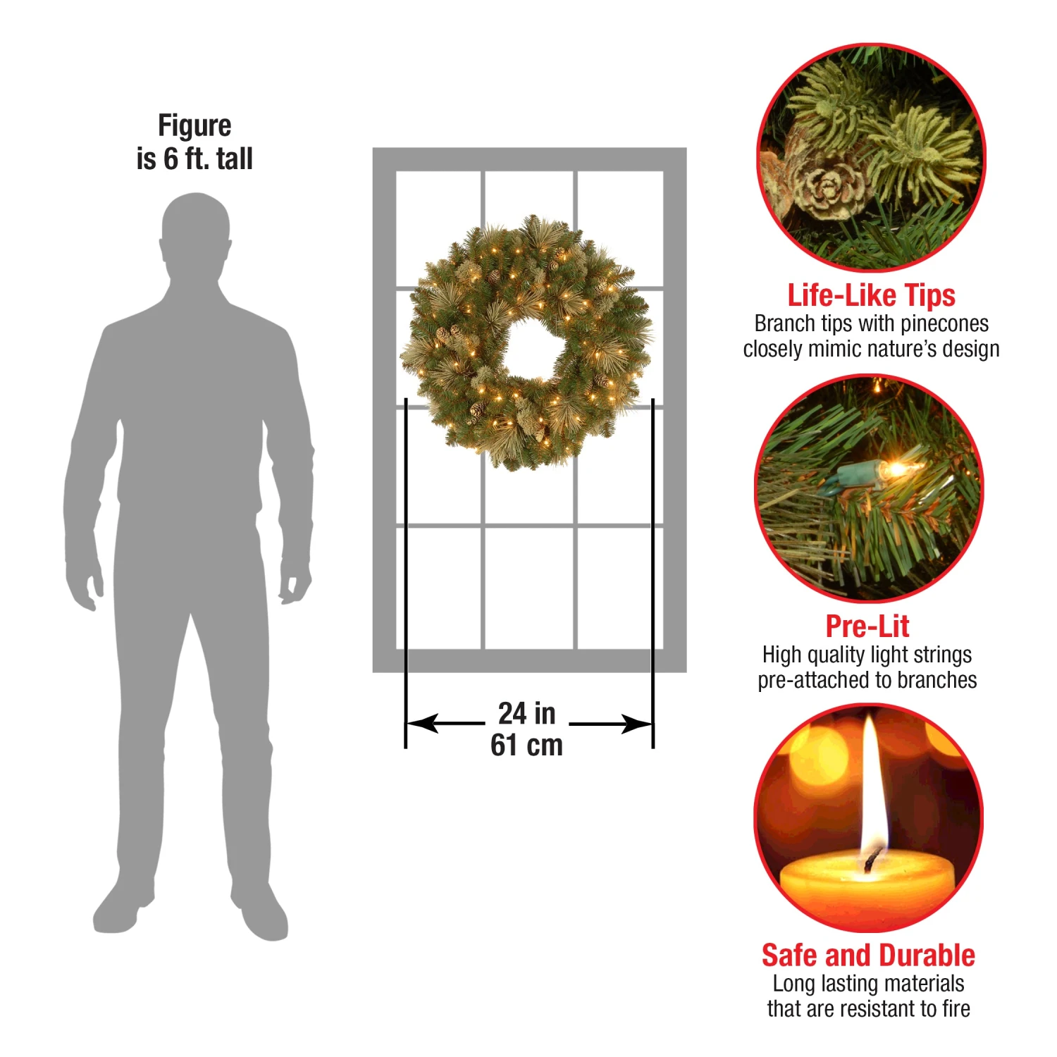 National Tree Company Pre-Lit Artificial Christmas Wreath, Green, Carolina Pine, White Lights, Decorated With Pine Cones, Christmas Collection, 24 Inches - Image 4