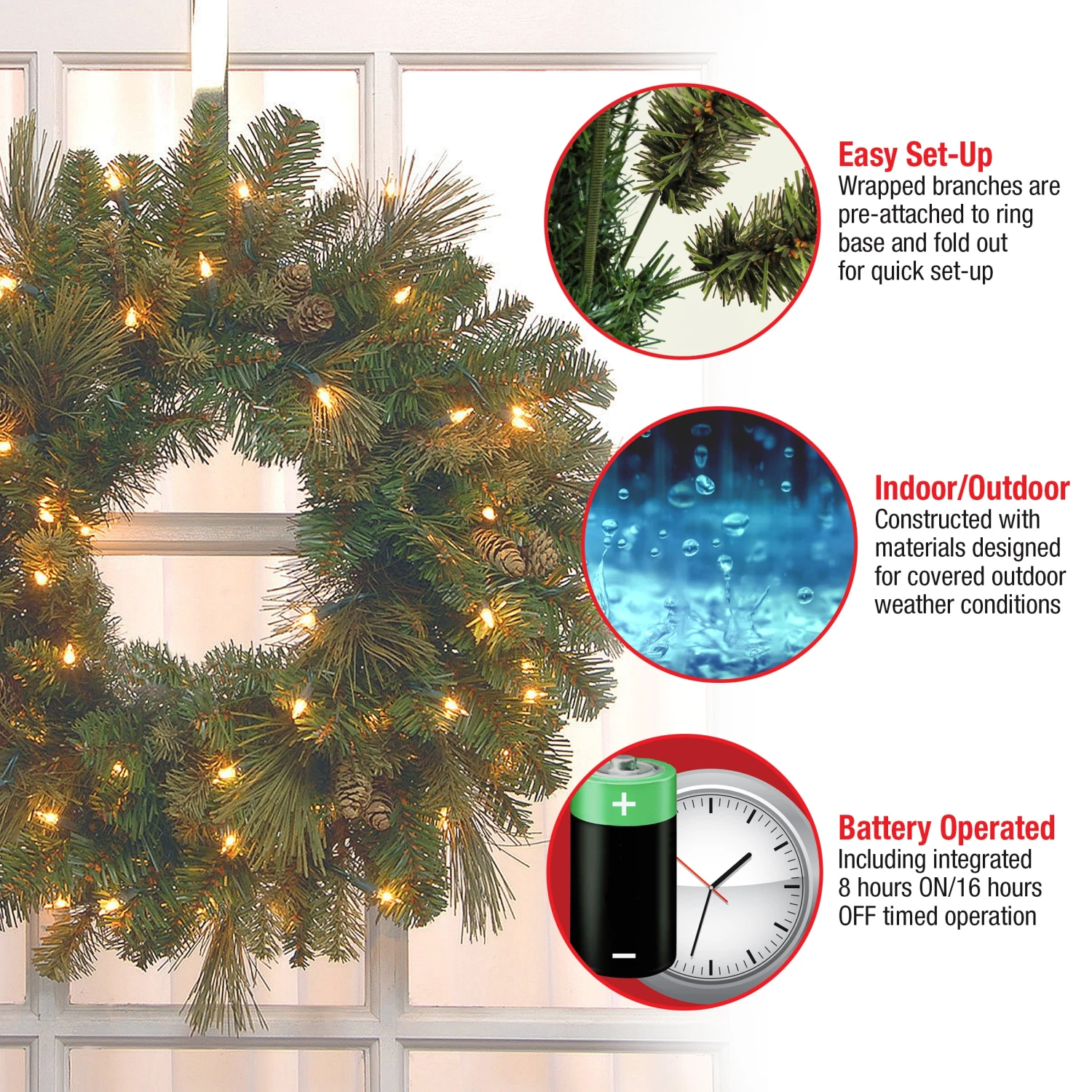 National Tree Company Pre-Lit Artificial Christmas Wreath, Green, Carolina Pine, White Lights, Decorated With Pine Cones, Christmas Collection, 24 Inches - Image 5