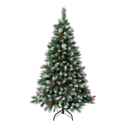National Tree Company First Frosted Traditions Christmas Tree With Hinged Branches, Pinecones And Red Berries, 4.5 Ft