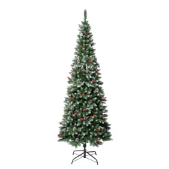 National Tree Company First Frosted Traditions Slim Christmas Tree With Hinged Branches, Pinecones And Red Berries, 7.5 Ft