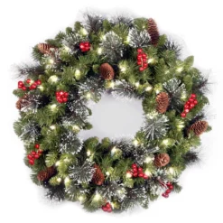 National Tree Company Pre-Lit Artificial Christmas Wreath, Green, Crestwood Spruce, White Lights, Decorated With Pine Cones, Berry Clusters, Frosted Branches, Christmas Collection, 24 Inches