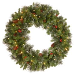 National Tree Company Pre-Lit Artificial Christmas Wreath, Green, Carolina Pine, White Lights, Decorated With Pine Cones, Berry Clusters, Frosted Branches, Christmas Collection, 30 Inches