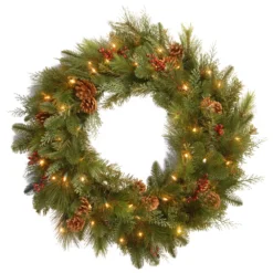 National Tree Company 30in Decorative Collection Noble Mixed Wreath With Battery Operated Warm White LED Lights
