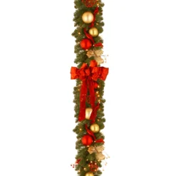 National Tree Company Pre-Lit Artificial Christmas Garland, Green, Evergreen, White Lights, Decorated With Bows, Ribbon, Ball Ornaments, Golden Branches, Plug In, Christmas Collection, 9 Feet