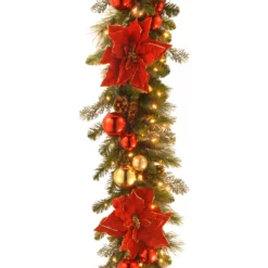 National Tree Company Pre-Lit Artificial Christmas Garland, Green, Evergreen, White Lights, Decorated With Pine Cones, Ball Ornaments, Poinsettia Flowers, Plug In, Christmas Collection, 9 Feet