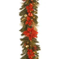 National Tree Company Pre-Lit Artificial Christmas Garland, Green, Evergreen, White Lights, Decorated With Pine Cones, Golden Branches, Ball Ornaments, Poinsettia Flowers, Plug In, Christmas Collection, 9 Feet