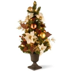 National Tree Company Pre-Lit Artificial Christmas Tree, Nature, Green, White Lights, Decorated With Pine Cones, Ornaments, Includes Pot Base, 3 Feet