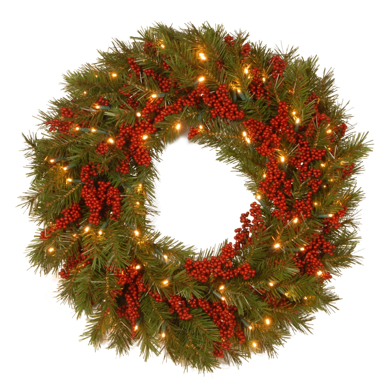 National Tree Company Pre-Lit Artificial Christmas Wreath, Green, Valley Pine, White Lights, Decorated With Berry Clusters, Christmas Collection, 24 Inches