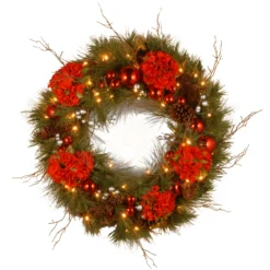 National Tree Company Pre-Lit Artificial Christmas Wreath, Green, Hydrangea, White Lights, Decorated With Flower Blooms, Ball Ornaments, Pine Cones, Branches, Christmas Collection, 24 Inches