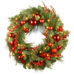 National Tree Company Pre-Lit Artificial Christmas Wreath, Green, Evergreen, White Lights, Decorated With Ball Ornaments, Red Sprigs, Christmas Collection, 30 Inches