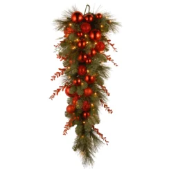 National Tree Company Pre-Lit Artificial Christmas Teardrop, Green, Evergreen, White Lights, Decorated With Red Ball Ornaments, Branches, Christmas Collection, 36 Inches