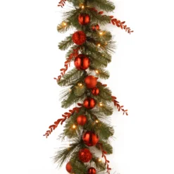 National Tree Company Pre-Lit Artificial Christmas Garland, Green, Evergreen, White Lights, Decorated With Glittered Stems, Ball Ornaments, Battery Powered, Christmas Collection, 9 Feet