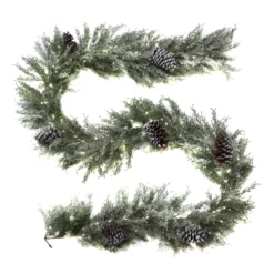 National Tree Company Pre Lit Artificial Garland, Snowy Christmas, Green, Frosted, Decorated With Frosted Pine Cones, Pure White LED Lights, Battery Powered, Christmas Collection, 9 Feet