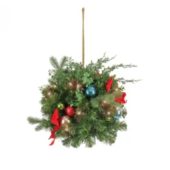 National Tree Company, 16" Christmas Be Merry Decorated Kissing Ball With Fabric Bow, 50 Warm White LED Lights- Battery Operated With Remote Control