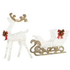 National Tree Company Pre Lit Sisal Reindeer And Sleigh Decoration, Cool White LED Lights, Plug In, Christmas Collection, 48 Inches