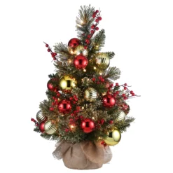 National Tree Company Pre-Lit Artificial Christmas Tree, Green, Dakota Pine, White LED Lights, Decorated With Berry Clusters, Ball Ornaments, Includes Cloth Bag Base, Battery Operated, 24 Inches