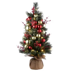 National Tree Company Pre-Lit Artificial Christmas Tree, Green, Dakota Pine, White LED Lights, Decorated With Pine Cones, Ball Ornaments, Includes Cloth Bag Base, Battery Operated, 3 Feet