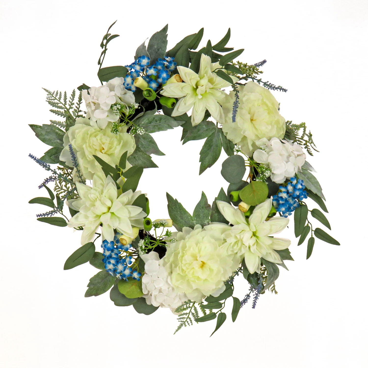 National Tree Company Artificial Wreath Decoration, Blue, Woven Branch Base, Decorated With Dahlia, Peony And Hydrangea Blooms, Seed Pods, Flowing Green Stems, Spring Collection, 24 Inches