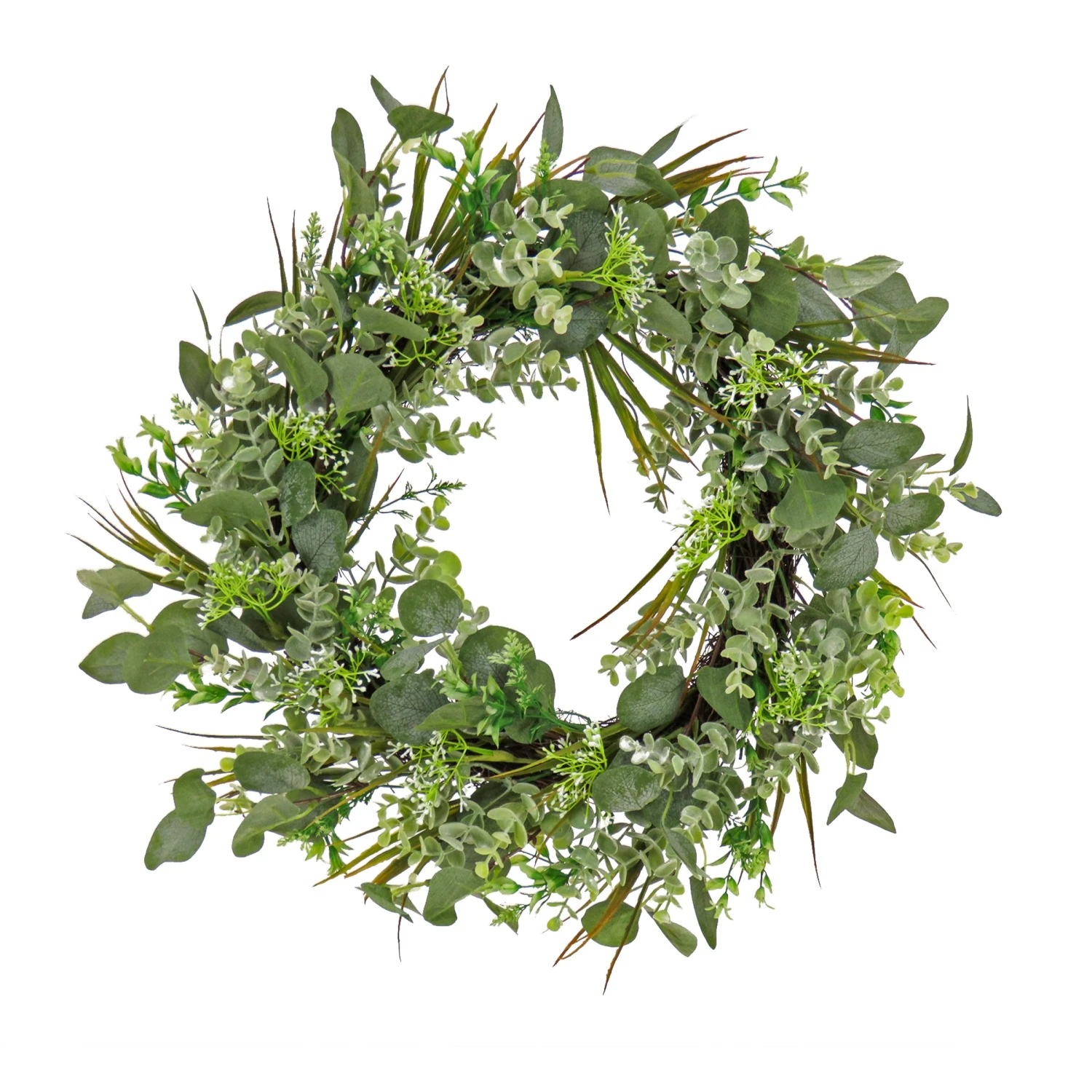 National Tree Company Artificial Wreath Decoration, Green, Woven Branch Base, Decorated With Eucalyptus Leaves, Flowing Green Stems, Spring Collection, 22 Inches