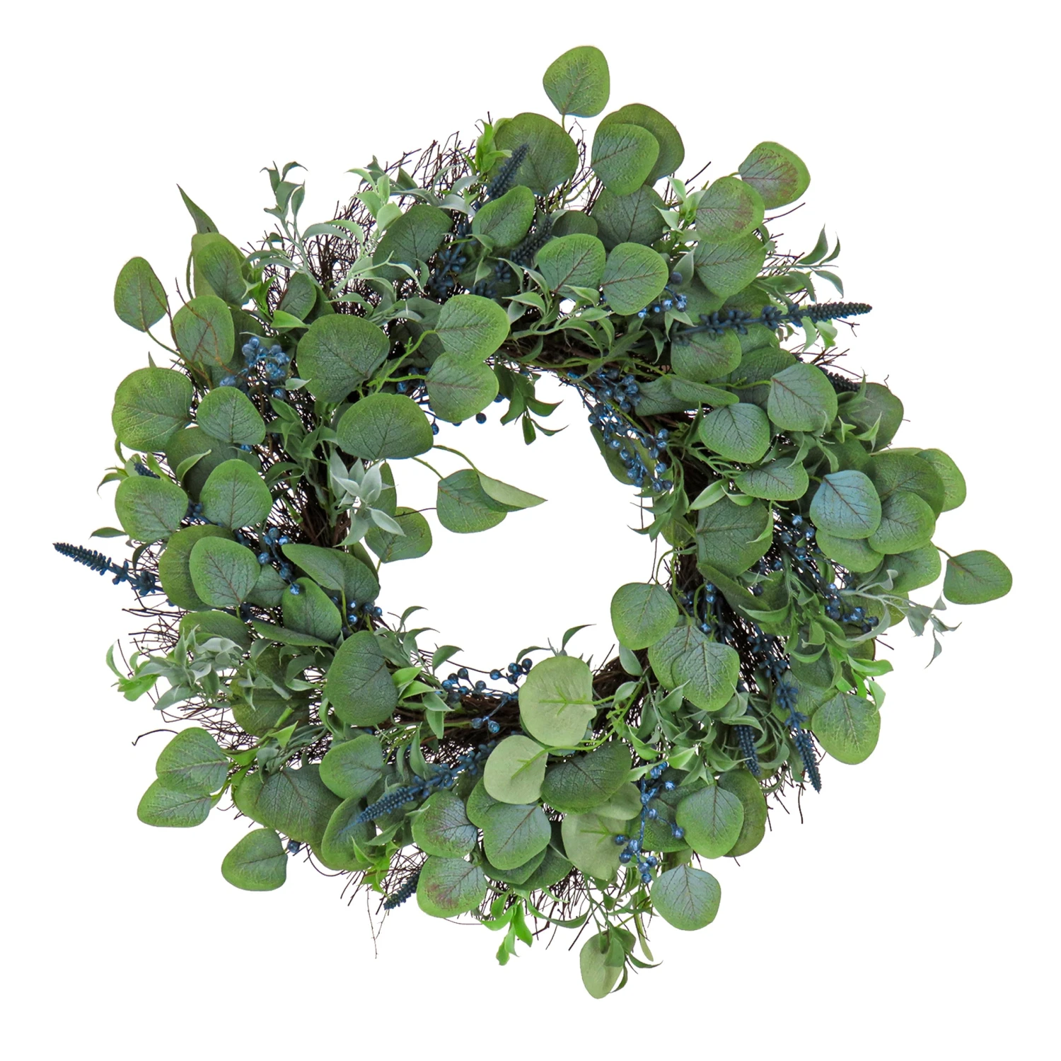 National Tree Company Artificial Spring Wreath, Woven Branch Base, Decorated With Eucalyptus Leaves, Berry Clusters, Spring Collection, 24 Inches
