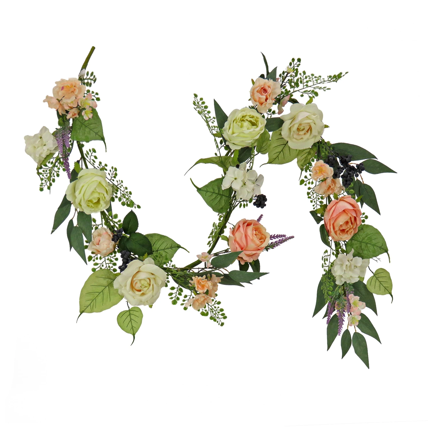 National Tree Company Artificial Spring Garland, Vine Stem Base, Decorated With Rose Blooms, Lavender, Berry Clusters, Leafy Greens, Spring Collection, 6 Feet