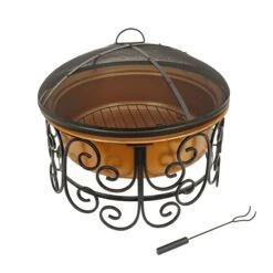National Tree Company National Outdoor Living Fire Pit, Steel, Copper Finish, Includes Ornate Black Stand, Screen Cover, Fire Poker, 30 Inches