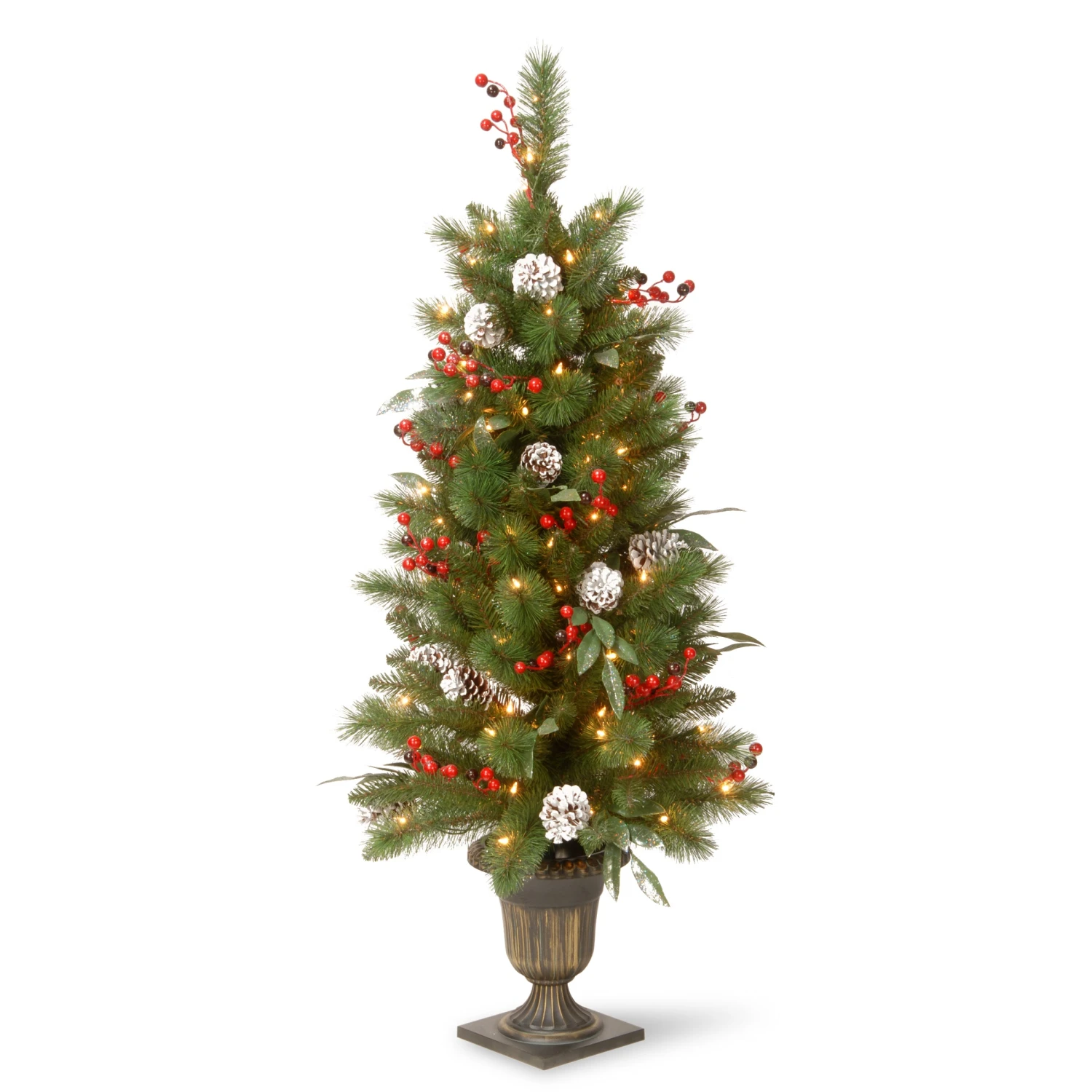 National Tree Company Pre-Lit Artificial Entrance Christmas Tree, Frosted Berry Pine, Green, White Lights, Decorated With Berry Clusters, Pine Cones, Includes Metal Base, 4 Feet