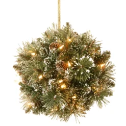 National Tree Company Pre-Lit Artificial Christmas Kissing Ball, Green, Glittery Bristle Pine, Decorated With Pine Cones, Frosted Branches, Christmas Collection, 12 Inches