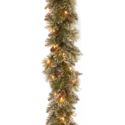 National Tree Company Pre Lit Artificial Garland, Glittery Bristle, Green, Frosted, Decorated With Frosted Pine Cones, Multifunctional Twinkling LED Lights, Plug In, Christmas Collection, 9 Feet