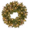National Tree Company Pre-Lit Artificial Christmas Wreath, Green, Glittery Mountain Spruce, White Lights, Decorated With Pine Cones, Berry Clusters, Frosted Branches, Christmas Collection, 24 Inches