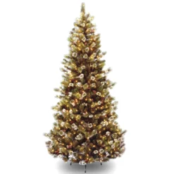 National Tree Company Pre-Lit Artificial Slim Christmas Tree, Green, Glittery Bristle Pine, White Lights, Flocked With Pine Cones, Frosted Branches, Includes Stand, 7.5 Feet