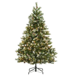 National Tree Company Pre-Lit Artificial Slim Christmas Tree, Green, Glittery Bristle Pine, White Lights, Flocked With Pine Cones, Frosted Branches, Includes Stand, 6.5 Feet