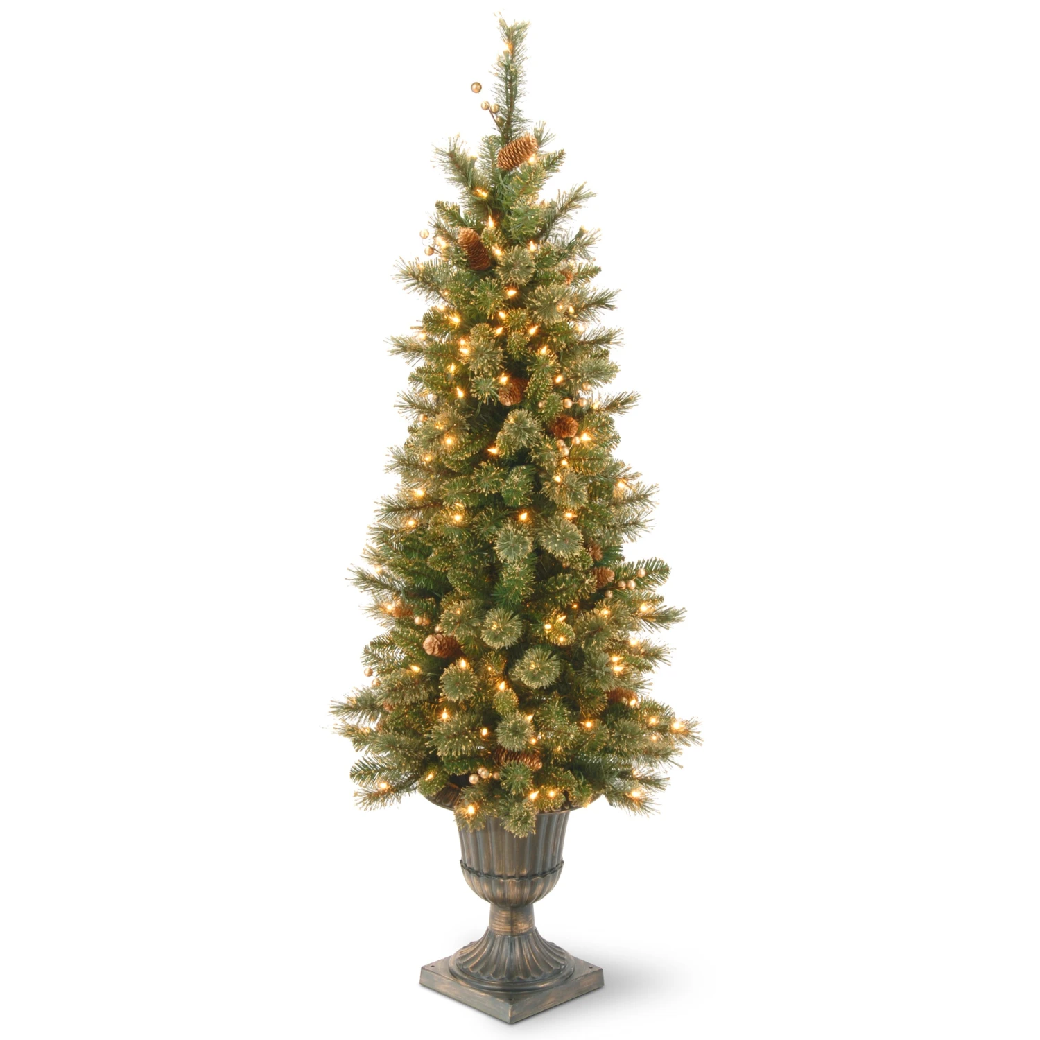 National Tree Company Pre-Lit Artificial Entrance Christmas Tree, Glittery Gold Pine, Green, White Lights, Decorated With Berry Clusters, Pine Cones, Includes Metal Base, 4 Feet