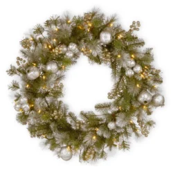 National Tree Company Pre-Lit Artificial Christmas Wreath, Green, Glittery Pomegranate Pine, White Lights, Decorated With Pomegranates, Berry Clusters, Christmas Collection, 30 Inches