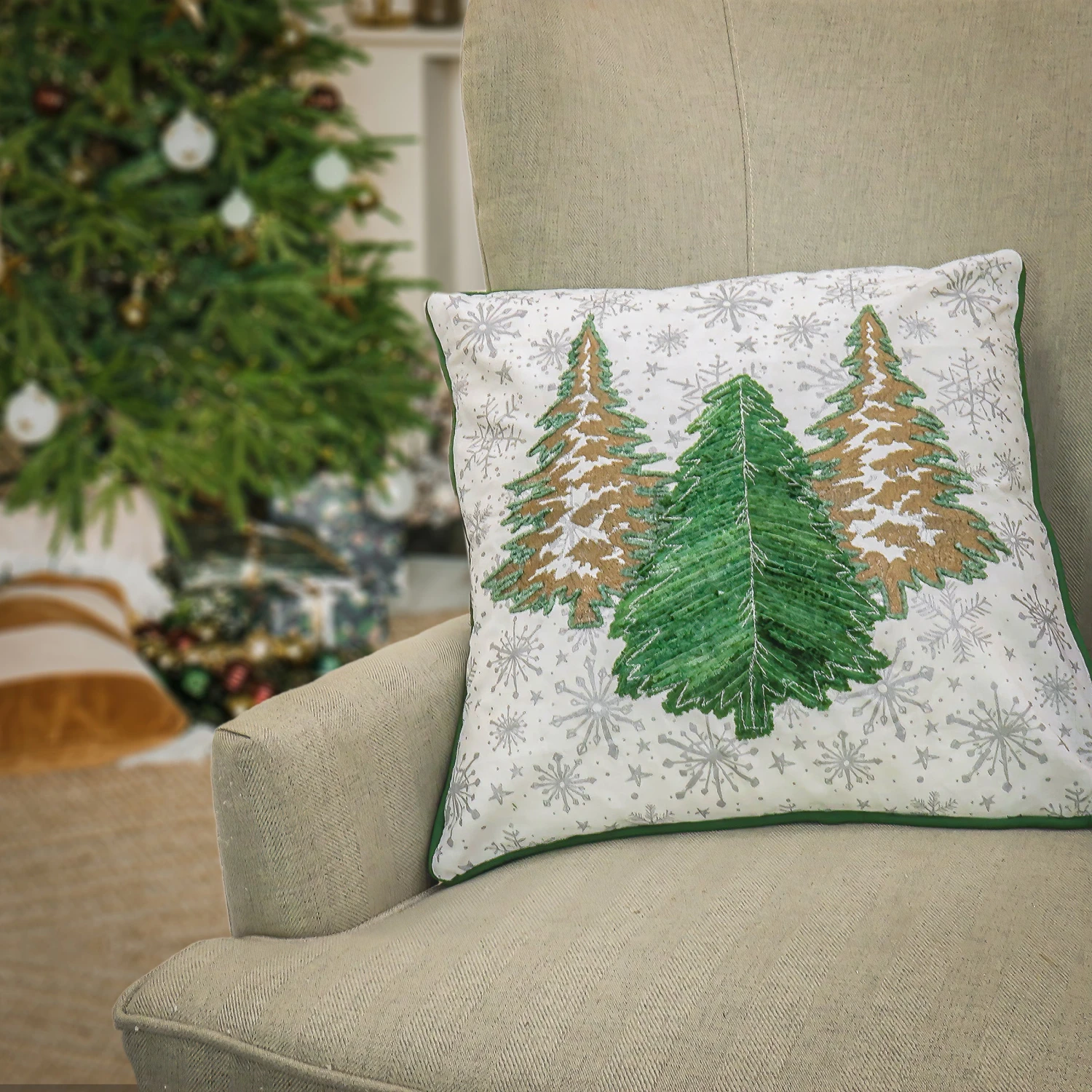National Tree Company, HGTV Home Collection, 18"x18" Embroidered Forest Pillow - Image 2
