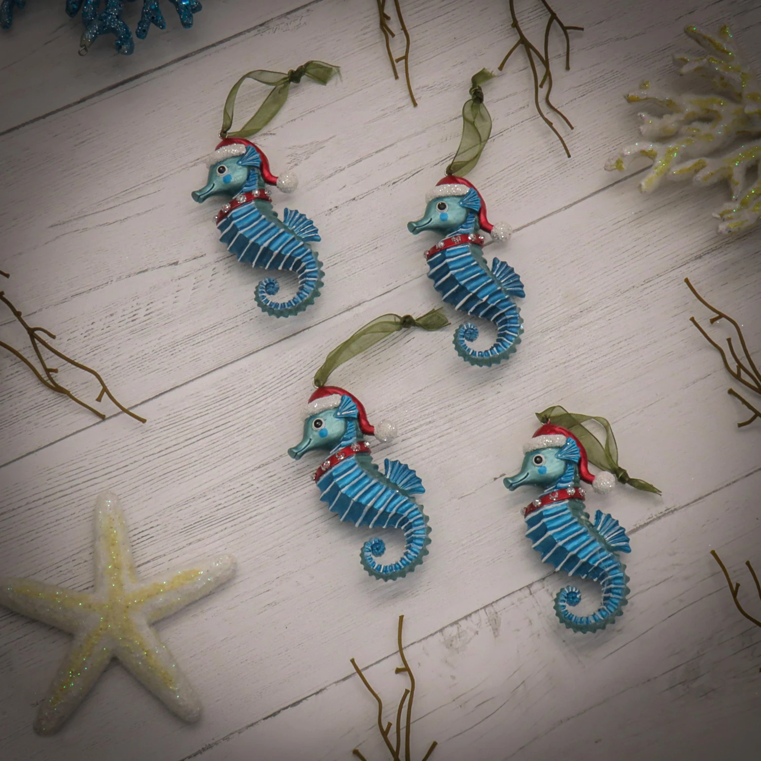 National Tree Company 4 Piece HGTV Home Collection Teal Seahorse Ornaments - Image 2