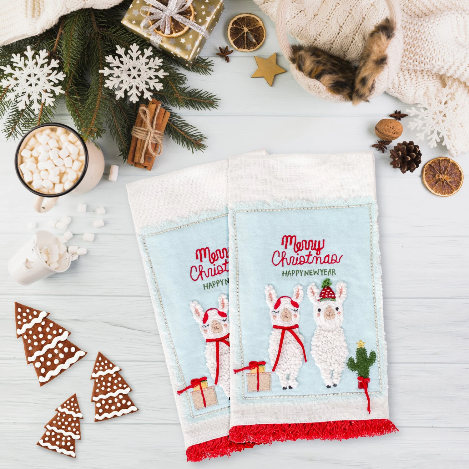 National Tree Company 18" HGTV Home Collection Merry Christmas Llamas Guest Towel Pair - Image 2