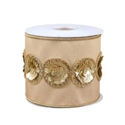 National Tree Company 4" HGTV Home Collection Sequin Beaded Taffeta Ribbon, Beige