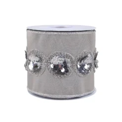 National Tree Company 4" HGTV Home Collection Sequin Beaded Taffeta Ribbon, Gray
