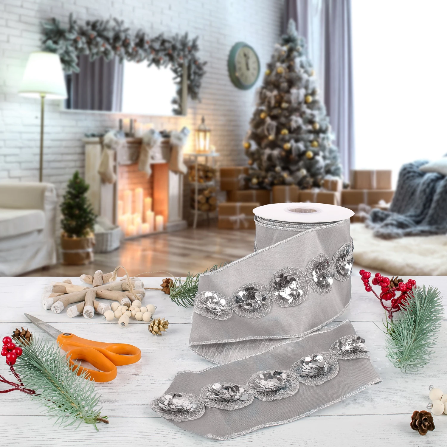 National Tree Company 4" HGTV Home Collection Sequin Beaded Taffeta Ribbon, Gray - Image 2