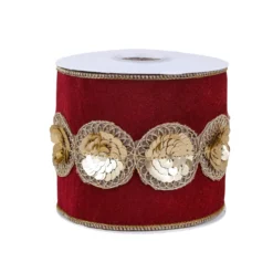 National Tree Company 4" HGTV Home Collection Sequin Beaded Velour Velvet Ribbon, Burgundy