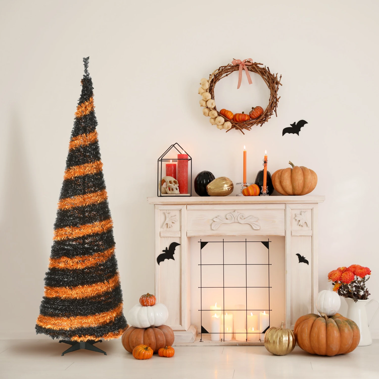 National Tree Company Halloween Artificial Tree, Black And Orange, Tinsel, Includes Stand, 7.5 Feet - Image 2