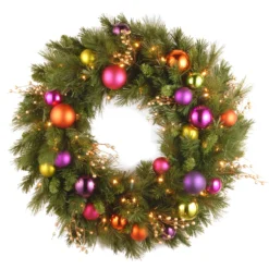 National Tree Company Pre-Lit Artificial Christmas Wreath, Green, Kaleidoscope, White Lights, Decorated With Berry Clusters, Ball Ornaments, Christmas Collection, 30 Inches