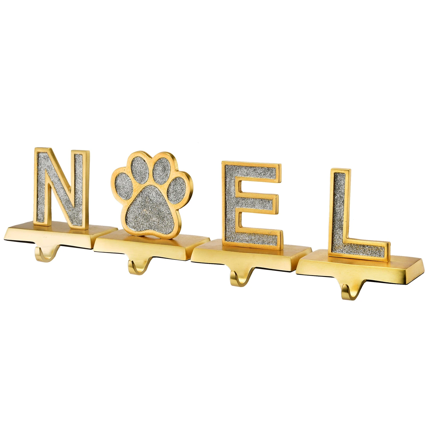 National Tree Company Silver Sparkle NOEL Christmas Stocking Holders, Silver And Gold With Paw Print, 4 Pieces, 5 In