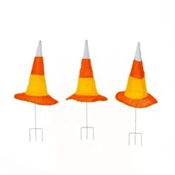 National Tree Company Halloween Garden Stake Lawn Decoration, Orange, Candy Corn Witches Hats, LED Lights, Battery Operated, 23 Inches