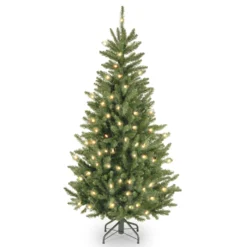 National Tree Company Pre-Lit Artificial Slim Christmas Tree, Green, Natural Fraser Fir, White Lights, Includes Stand, 4.5 Feet