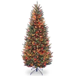 National Tree Company Pre-Lit Artificial Slim Christmas Tree, Green, Natural Fraser Fir, Multicolor Lights, Includes Stand, 7.5 Feet