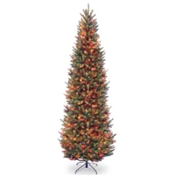 National Tree Company Pre-Lit Artificial Slim Christmas Tree, Green, Natural Fraser Fir, Multicolor Lights, Includes Stand, 9 Feet